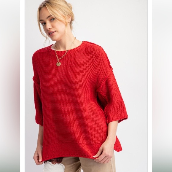 Easel Vibrant Scarlet Red Oversized Exposed Seam Round Neck Sweater - Picture 4 of 13